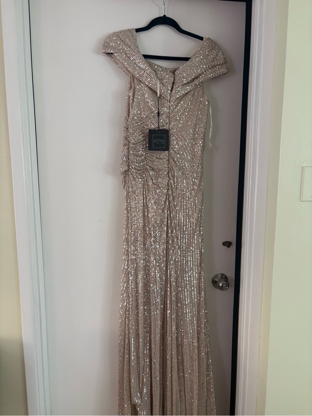 Mac Duggal Champagne Sequin One-Shoulder Gown with Draped Detail